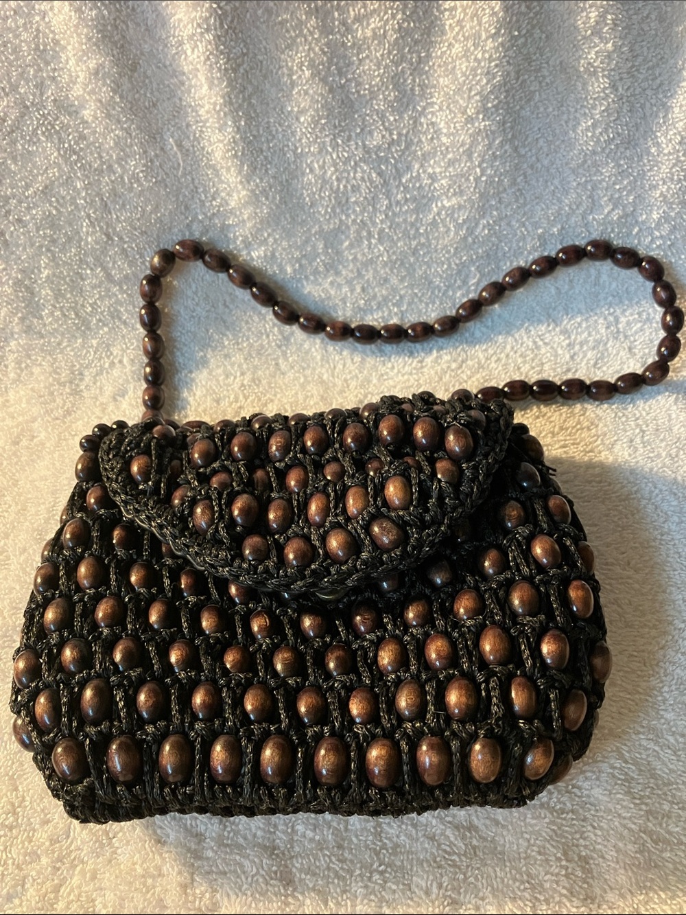 Brown crochet and wood bead Purse by Waldorg Japan